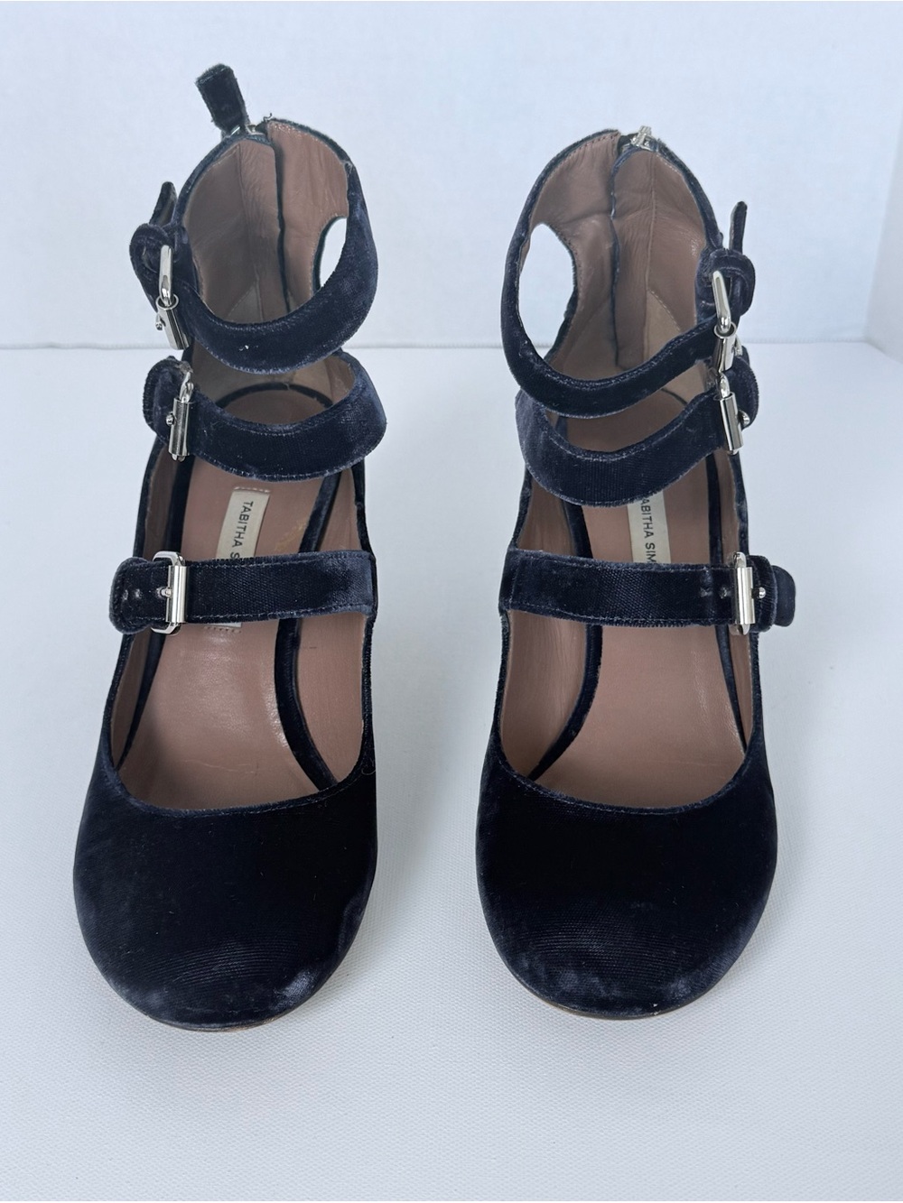 Tabitha Simmons Ginger Navy Velvet Triple Strap Mary Jane Pumps 38